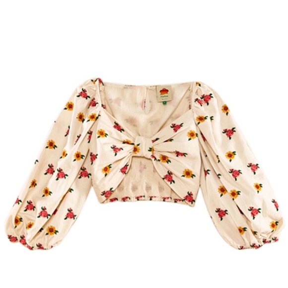 FARM rio crop top long sleeve white and floral tie in front top - Picture 2 of 3